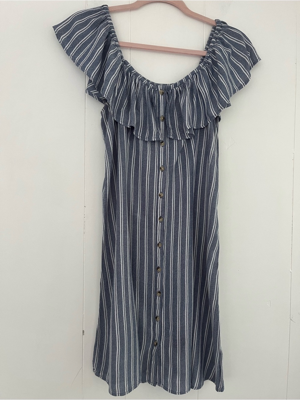 American Eagle Blue White Stripes Off The Shoulder Ruffle Viscose Dress Medium